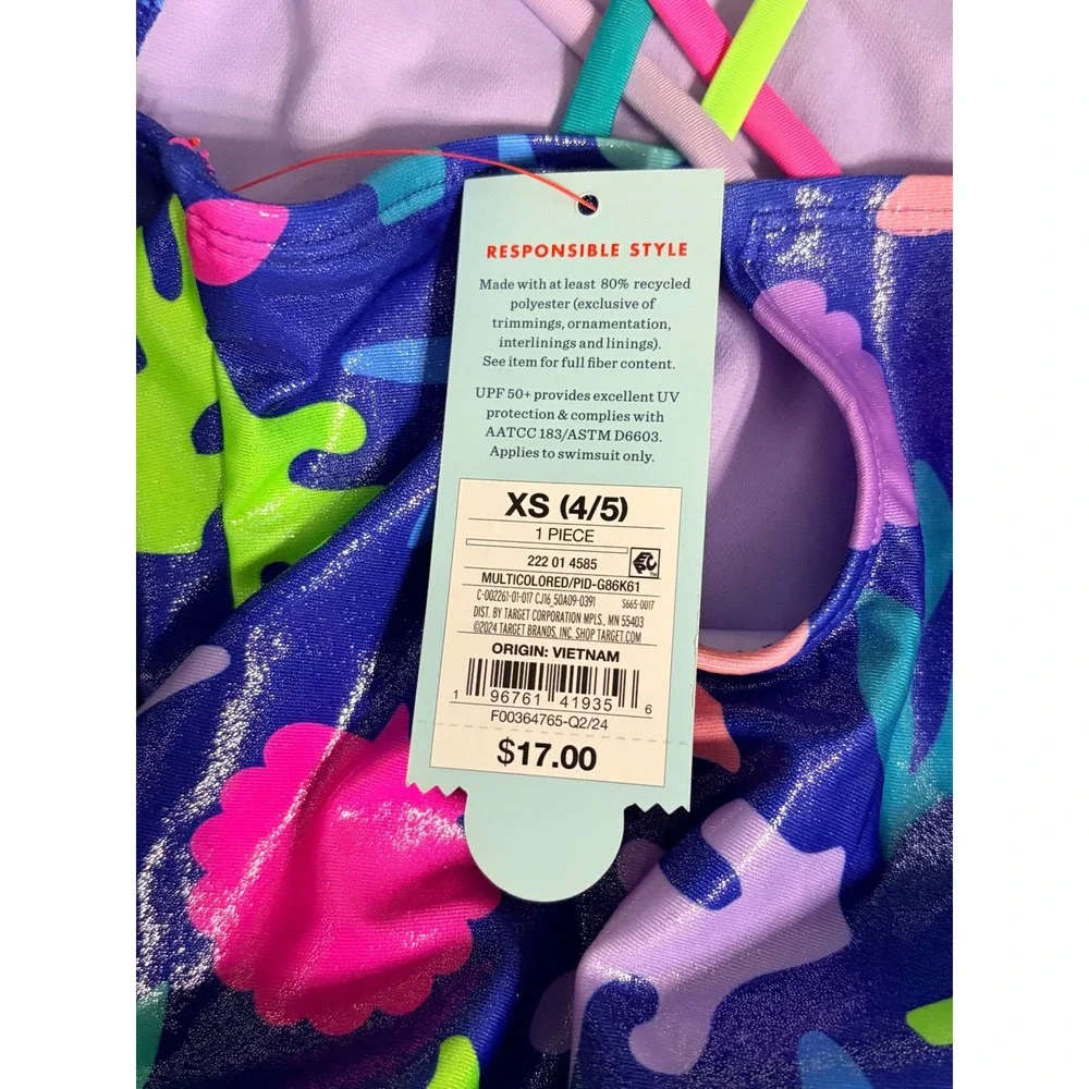 Cat & Jack Shiny Underwater Sea Life UPF50+ 1pc Swim Bathing Suit XS 4/5 NEW NWT